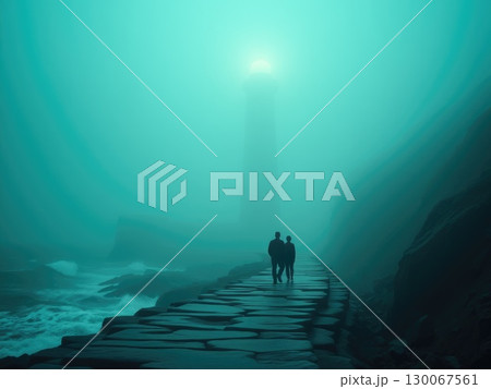 Eerie Lighthouse in Greenish Fog with Silhouetted Figures 130067561