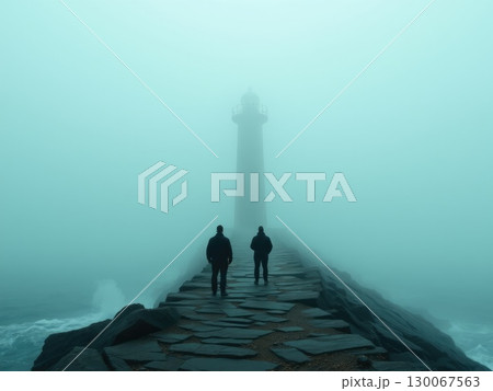 Eerie Lighthouse in Greenish Fog with Silhouetted Figures 130067563