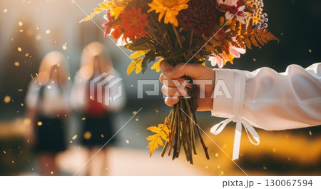 First Day of School Tradition - Hand Holding Seasonal Flowers 130067594