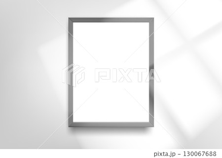 Grey photo frame on bright wall with window light. 3d vector mockup 130067688