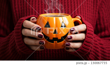 Hands in red sweater holding steaming Jack-o'-lantern mug. Cozy Halloween atmosphere. Hands in red sweater holding steaming Jack-o'-lantern mug. Cozy Halloween atmosphere. 130067735