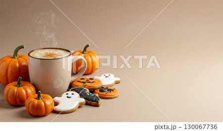 Steaming mug with Halloween cookies and pumpkins. Cozy autumn and holiday treats. Steaming mug with Halloween cookies and pumpkins. Cozy autumn and holiday treats. 130067736