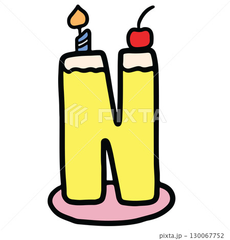 Hand drawn Christmas design of alphabet letter N with cake candle and cherry for festive font, typography, winter season, campaign badge, initials, name, calligraphy, sticker, cartoon text, message 130067752