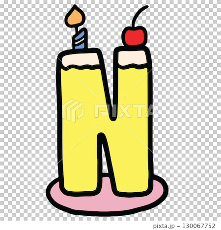 Hand drawn Christmas design of alphabet letter N with cake candle and cherry for festive font, typography, winter season, campaign badge, initials, name, calligraphy, sticker, cartoon text, message 130067752