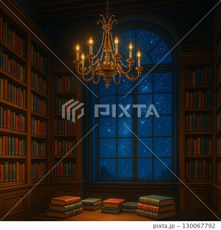 シャンデリアに照らされた夜の幻想的な図書館 130067792