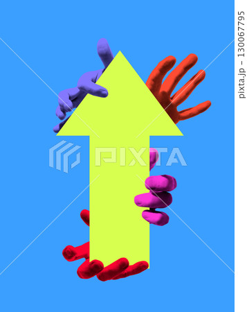 Bold colorful poster. Hands holding upward arrow symbol of growth progress and collective success Bold colorful poster. Hands holding upward arrow symbol of growth progress and collective success 130067795