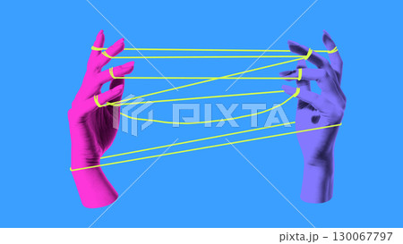 Collage of two hands tied with string pattern symbol of play communication and complexity 130067797