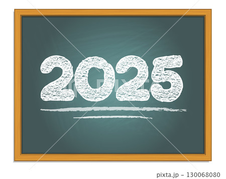 2025 chalk lettering on green chalkboard. New year vector number. 130068080