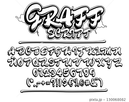 Graffiti script font. Uppercase  lettering typeface. Vector alphabet, numbers and glyphs. 130068082