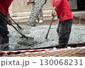 Construction worker pouring concrete. Featuring concrete pouring and foundation work 130068231