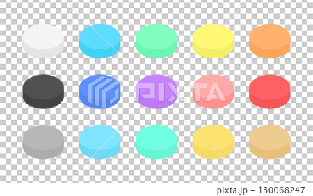 明るい色のシンプルな丸い錠剤のイラストセット - カラフルな薬･サプリメントやドラッグのイメージ素材 130068247