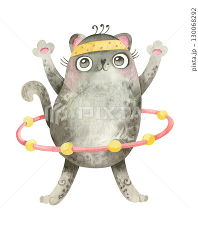 Fitness cat. Cute character spinning a sports hoop. Mascot for sports goods, fitness courses. Watercolor hand drawn illustration. Fitness cat. Cute character spinning a sports hoop. Mascot for sports goods, fitness courses. Watercolor hand drawn illustration. 130068292