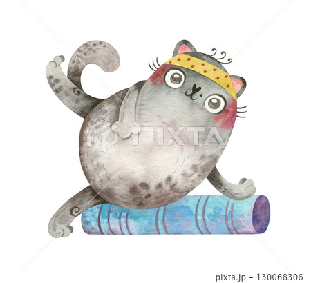 Yoga Cat. Cute sports character in asana. Mascot for sports goods, yoga courses. Watercolor hand drawn illustration. Yoga Cat. Cute sports character in asana. Mascot for sports goods, yoga courses. Watercolor hand drawn illustration. 130068306
