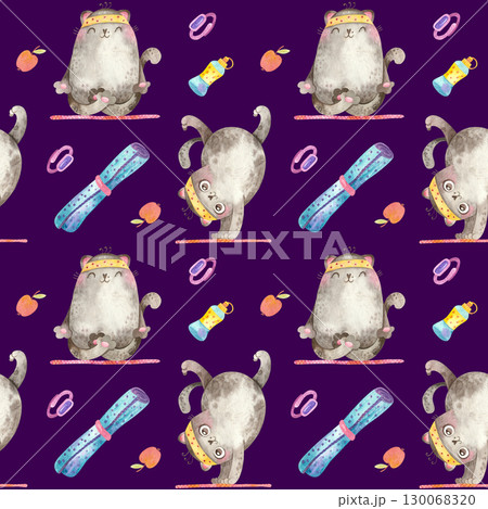 Seamless pattern with Yoga Cats for sports goods. Cute characters in various asanas. Watercolor illustrations on dark background. Seamless pattern with Yoga Cats for sports goods. Cute characters in various asanas. Watercolor illustrations on dark background. 130068320