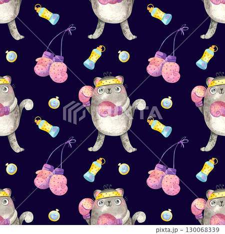 Seamless pattern with Boxer cats for sports goods. Cute character in boxing gloves. Watercolor illustrations on dark background. Seamless pattern with Boxer cats for sports goods. Cute character in boxing gloves. Watercolor illustrations on dark background. 130068339