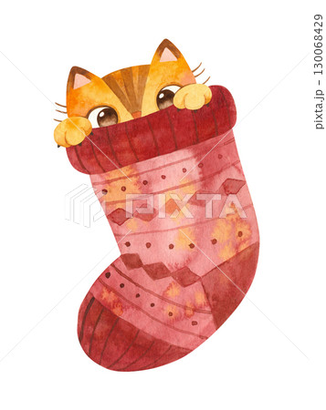 Cat hiding in woolen sock. Cute playful kitten Christmas character. Mascot of goods for pets . Winter postcard. Watercolor hand drawn illustration. Cat hiding in woolen sock. Cute playful kitten Christmas character. Mascot of goods for pets . Winter postcard. Watercolor hand drawn illustration. 130068429