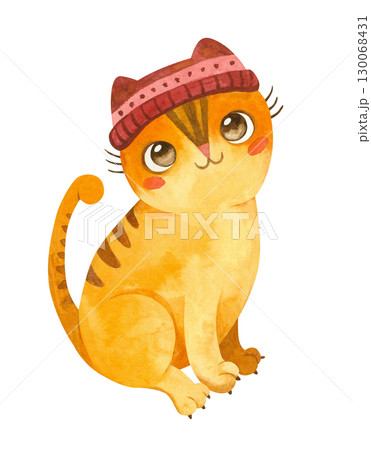 Cat in a knitted hat. Cute kitten character. Mascot of goods for pets. Knitwear for cats.Winter postcard.  Watercolor hand drawn illustration. 130068431