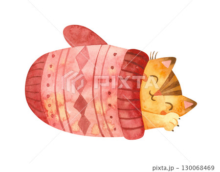 Cat sleeps in a large mitten. Cute kitten Christmas character. Winter postcard. Mascot of goods for pets. Watercolor hand drawn illustration. Cat sleeps in a large mitten. Cute kitten Christmas character. Winter postcard. Mascot of goods for pets. Watercolor hand drawn illustration. 130068469