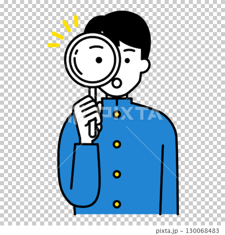 Male student looking through a magnifying glass Male student looking through a magnifying glass 130068483