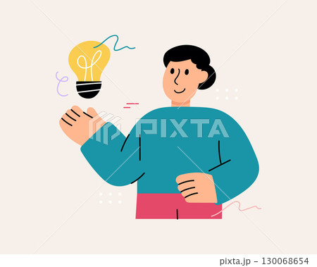 Flat cartoon illustration of a male character with a light bulb, symbolizing creative business idea and work inspiration 130068654