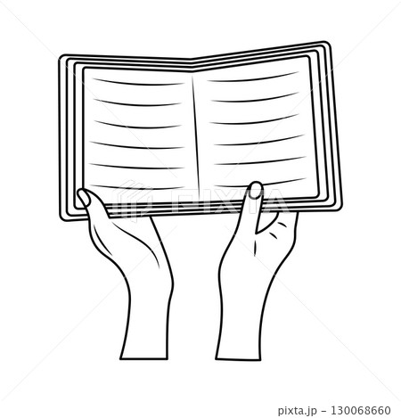 Hands holding open book. Doodle line vector illustration 130068660