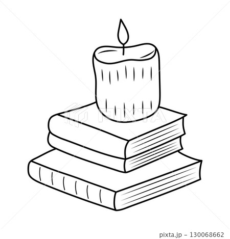 Candle on stack of books. Doodle line vector illustration 130068662