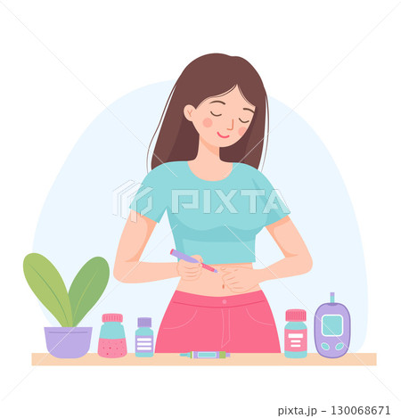 Young woman with diabetes injecting insulin into her abdomen using a pen injector. Glucose meter, medicines and insulin pen 130068671