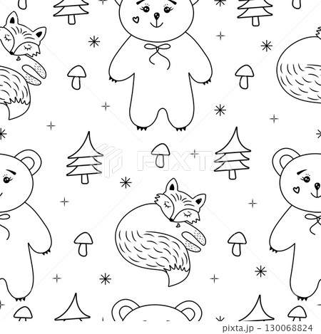Forest life seamless pattern, black and white print in scandinavian style, wild animals and plants Forest life seamless pattern, black and white print in scandinavian style, wild animals and plants 130068824