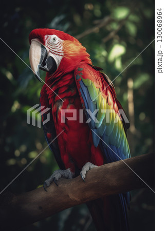 Scarlet macaw with vibrant plumage in rainforest Scarlet macaw with vibrant plumage in rainforest 130068964