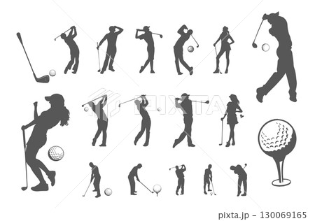 Golf players silhouettes set with golf clubs and balls – vector illustration 130069165