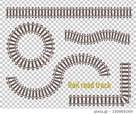 Deformed simple railroad track illustration parts set, overhead view 130069169