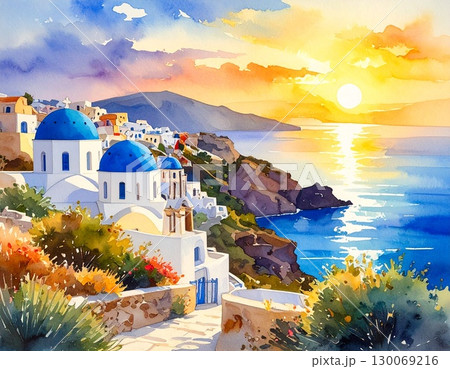 夕焼けに染まる街 130069216