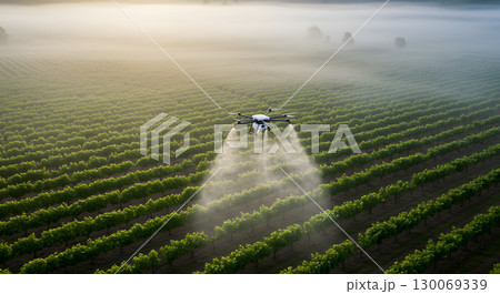 Drone spraying vineyard with mist in early morning fog, showcasing modern agriculture technology 130069339