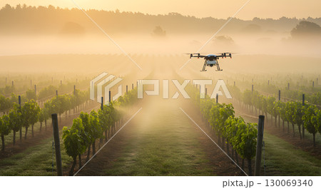 Drone flying over vineyard in early morning mist with soft sunlight and green leaves 130069340