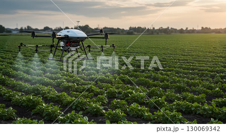 Agricultural drone spraying pesticide over green crop field at sunset with calm atmosphere 130069342