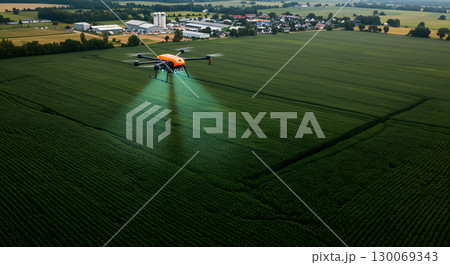 Agricultural drone spraying green field with precision and care over rural landscape 130069343