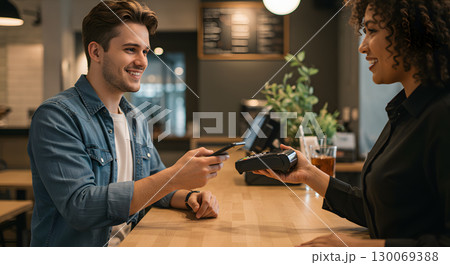 Young man making mobile payment at cafe counter with smiling female cashier 130069388
