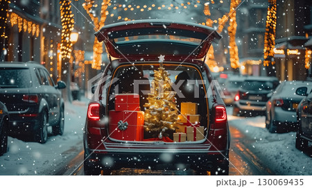 Festive scene with open car trunk displaying christmas tree and presents on snowy street evening 130069435