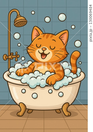 A happy cartoon orange cat relaxes in a bubbly clawfoot bathtub  130069484