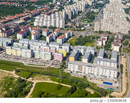 Residential blocks and neighborhoods of Belgrade from above. Urban architecture, housing and social infrastructure in European city 130069636