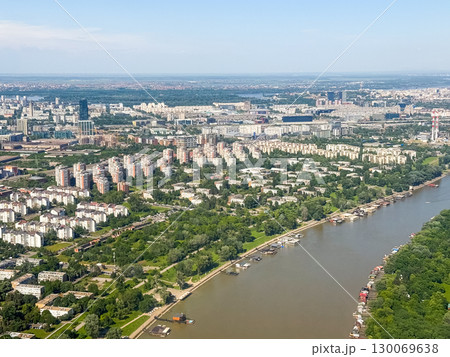 Aerial view of Belgrade with the Sava river and city skyline. Waterways, architecture and urban growth in the Balkan capital. Aerial view of Belgrade with the Sava river and city skyline. Waterways, architecture and urban growth in the Balkan capital. 130069638