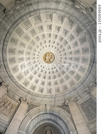 Vestibolo Rotondo cupola view inside Pio-Clementino museum in Vatican City. Stunning low-angle view of the circular, coffered ceiling Vestibolo Rotondo cupola view inside Pio-Clementino museum in Vatican City. Stunning low-angle view of the circular, coffered ceiling 130069664