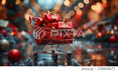 Christmas shopping cart full of red wrapped gift boxes and holiday decorations 130069671