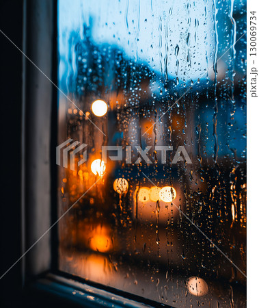 Evening window with raindrops creating vertical trails on glass, raindrops reflecting warm city lights, window frame adds depth to scene, peaceful rainy evening urban atmosphere 130069734