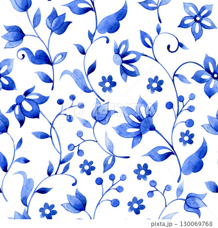 seamless pattern with watercolor floral ornaments. oriental blue print seamless pattern with watercolor floral ornaments. oriental blue print 130069768
