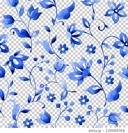 seamless pattern with watercolor floral ornaments. oriental blue print seamless pattern with watercolor floral ornaments. oriental blue print 130069768