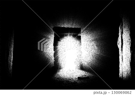 Ancient ruins in sci-fi scene with dotwork retro style. Mysterious gate debris with dramatic lights and retro texture 130069862