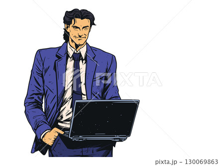 Businessman in a blue suit works on a laptop computer, pop art retro comic book character isolated on white background. Generated AI 130069863