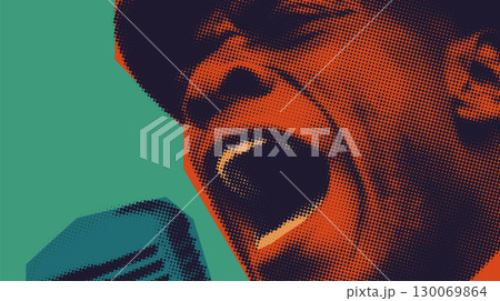 Pop art style portrait of a jazz and blues singer passionately performing with microphone 130069864