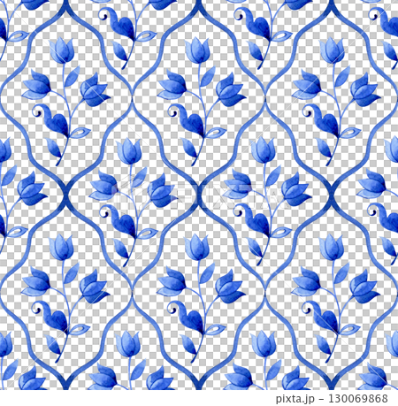 classic seamless watercolor pattern with cute blue flowers bows and ribbons on tiles. classic seamless watercolor pattern with cute blue flowers bows and ribbons on tiles. 130069868